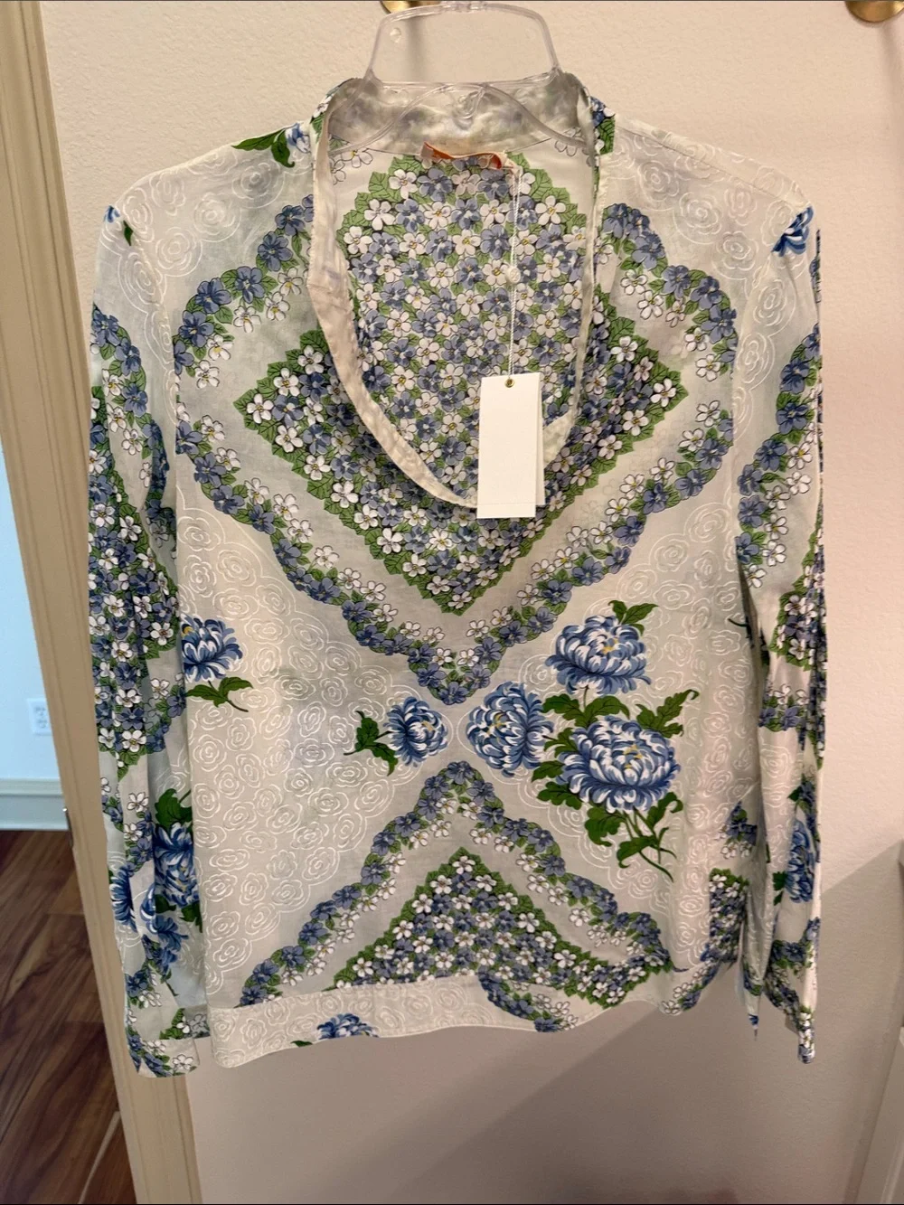 Tory Burch Blue and Green Floral Scoop-Neck Tunic